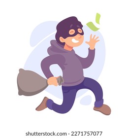 Man Criminal in Mask Running with Money Sack Committing Crime Vector Illustration