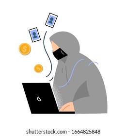 Man criminal robbing money and stealing information in laptop