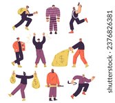Man Criminals and Bandit Character Commit Crime Vector Set