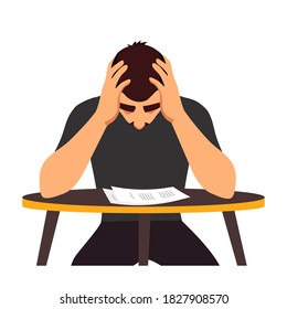 Man in crisis and stress at table. Sad businessman or student reacts to failure or news at work. Finance disaster in business, employee scared, tired or depressed vector illustration.