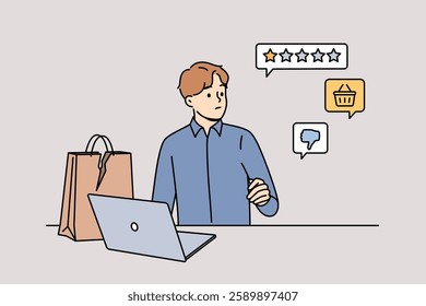 Man critic leaves negative feedback about services received via laptop and websites with company ratings. Critical feedback from user who was dissatisfied due to violation of online store promises