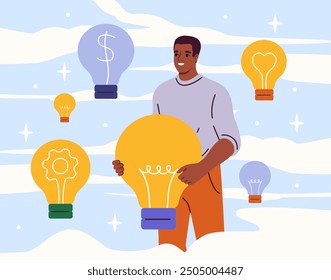 Man with critical thinking. Young guy evaluates light bulbs. Brainstorming and inspiration, ideas for business projects and start ups. Decision and solution. Flat vector illustration