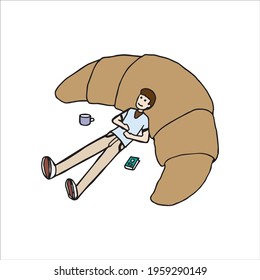 a man with croissant illustration vector, bakery time drawing clipart  design concept