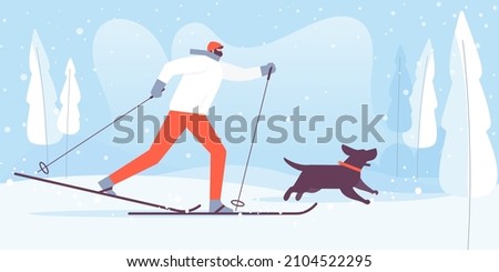 A man is a cross country skier and training his dog. Sport and outdoor activity concept. Vector illustration.