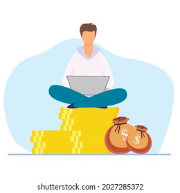 A man cross legs, sitting working on money stacks, using laptop in peaceful manner, on clean blue background