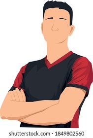 man crossed arms body with red and black t-shirt. e-sport player, soccer player uniform wits cross arms pose. black and red t-shirt design with young man