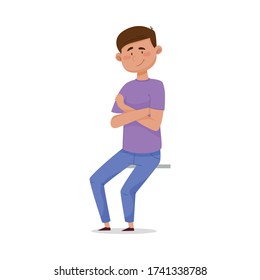 Man with Crossed Arms Sitting Outdoor Alone and Waiting for Somebody Vector Illustration