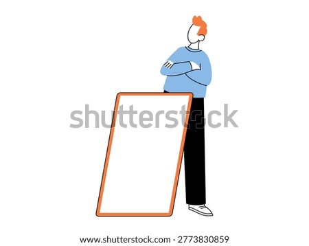 Man with crossed arms stands behind a large blank board vector illustration. Advertising, marketing, presentation, announcement, copy space, business communication. Person leaning on empty frame