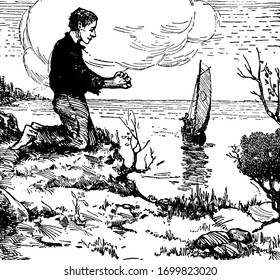 A man with crossed hands sitting on knees on shore and people in boat in the water, vintage line drawing or engraving illustration