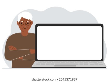Man crossed his arms near the laptop. The laptop is large and there is room for a test.