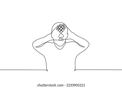 man crossed his palms and looks through the small space between them - one line drawing vector. concept be able to focus, be focused, attentive to details