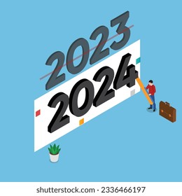 Man crosses out 2023 and replaces with 2024 isometric 3d vector illustration concept for banner, website, illustration, landing page, flyer, etc