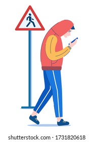 Man crosses road with smartphone in wrong place, under No traffic sign. Pedestrian Safety, Traffic Rules - Isolated illustration on white background. Internet Addiction Disorder Risks concept