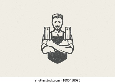 Man Crossing Arms With Sharp Knives While Working In Butchery Hand Drawn Stamp Effect Vector Illustration. Vintage Grunge Texture Emblem For Butchery Packaging And Menu Design Or Label Decoration.