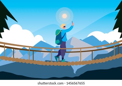 man crossing bridge mountains landscape