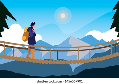Man Crossing Bridge Mountains Landscape