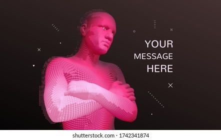 Man crossing his arms over his chest. 3D human body model. Artificial intelligence concept. Vector illustration.