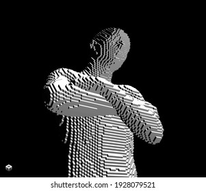 Man crossing his arms over his chest. 3D human body model. Artificial intelligence concept. Voxel art. Vector illustration.