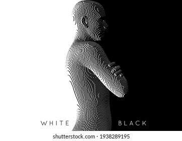 Man crossing his arms over his chest. Positive or negative concept. Each choice has a white side and a black side. Management or leadership. Voxel art. 3D vector illustration.