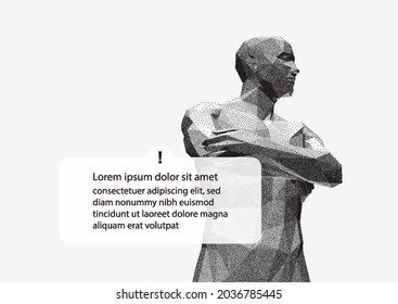 Man crossing his arms over his chest. Warning message. Template for text. 3D vector illustration for advertising, marketing or presentation.