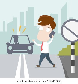 A man crossing the road while talking on the phone without noticing a car