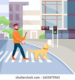 Man crossing street with guide-dog flat vector illustration. Crosswalk, traffic lights green signal. Blind people assistance concept. Guy with pet on pedestrian crossing cartoon character