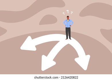 Man at crossroads. Choice road or path, uncertainty business decision, change life and job way, confusing work, vector illustration. Way of opportunity arrows choice