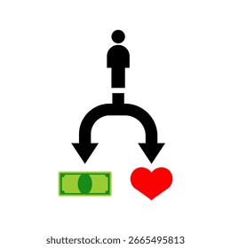 Man at a crossroads choosing between love and money. Concept for decisions, priorities, and relationship dilemmas.
