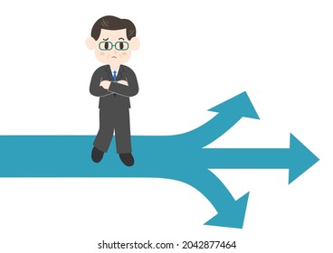 Man at the crossroads of life. Middle-aged office worker with glasses. Vector illustration.