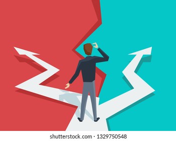 Man at crossroads in low polygonal style before important choice (correct decision choosing) - vector illustration for business concept or political voting