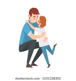 Man crouched down and hugs the child cartoon vector illustration