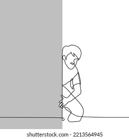 Man Crouched Down And Looks Out From Behind The Wall - One Line Drawing Vector. Concept To Peep, Spy