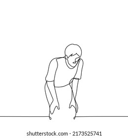 man crouched a little and looks down with his hands on his knees - one line drawing vector. concept to look down, to be afraid of heights, a deep hole, a metaphor for moral fall