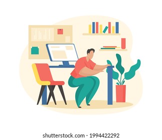 Man crouches near workplace. Warm up after long hours of work. Fitness office worker workout muscles. Physical relaxation with good mood and improvement work process. Vector illustration isolated
