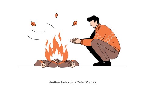 Man crouching by a warm campfire warming hands in the autumn breeze