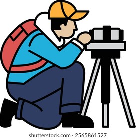 A man is crouching down and looking at a camera. He is wearing a blue jacket and a red backpack