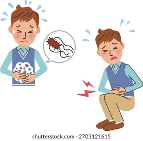 Um homem agachado com dor de estômago e suor
