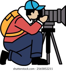 A man is crouching down and taking a picture with a camera. He is wearing a backpack and a blue hat