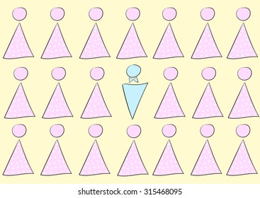 The man in crowd of women in the form of toilet badges