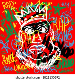 Man with crown on abstract background with text. Doodle, sketch, scribble. Vector illustration.