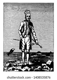 A man with crown on head and holding staff in hand, vintage line drawing or engraving illustration