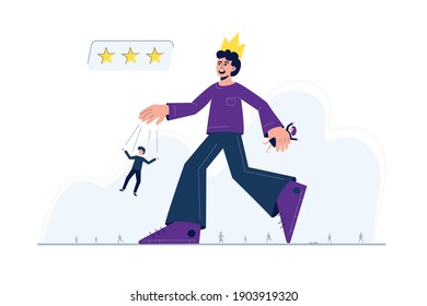 A man with a crown on his head, controlling other people, walking through a crowd - a metaphor for narcissistic personality disorder. The character is a abuser and manipulator.