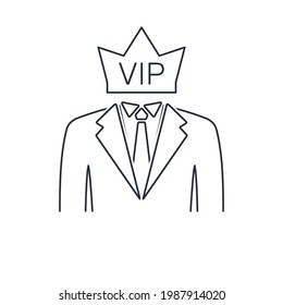 A man with a crown on his head. VIP persona. Vector linear icon isolated on white background.