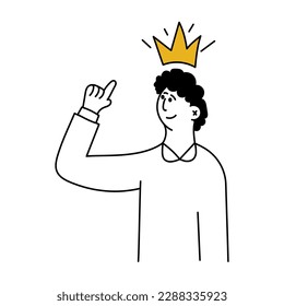 Un hombre con una corona en la cabeza y señala su mano. Autoestima positiva y líder exitoso. Humor positivo en la oficina. Ilustración del vector