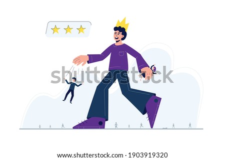 A man with a crown on his head, controlling other people, walking through a crowd - a metaphor for narcissistic personality disorder. The character is a abuser and manipulator.