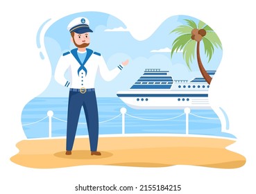 Man Cruise Ship Captain Cartoon Illustration in Sailor Uniform Riding a Ships, Looking with Binoculars or Standing on the Harbor in Flat Design