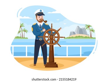 Man Cruise Ship Captain Cartoon Illustration in Sailor Uniform Riding a Ships, Looking with Binoculars or Standing on the Harbor in Flat Design