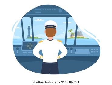 Caricatura del capitán de un barco de crucero en barco con uniforme de marinero, mirando con binoculares o parado en el puerto de diseño plano