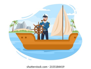 Man Cruise Ship Captain Cartoon Illustration in Sailor Uniform Riding a Ships, Looking with Binoculars or Standing on the Harbor in Flat Design