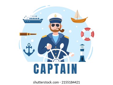 Man Cruise Ship Captain Cartoon Illustration in Sailor Uniform Riding a Ships, Looking with Binoculars or Standing on the Harbor in Flat Design